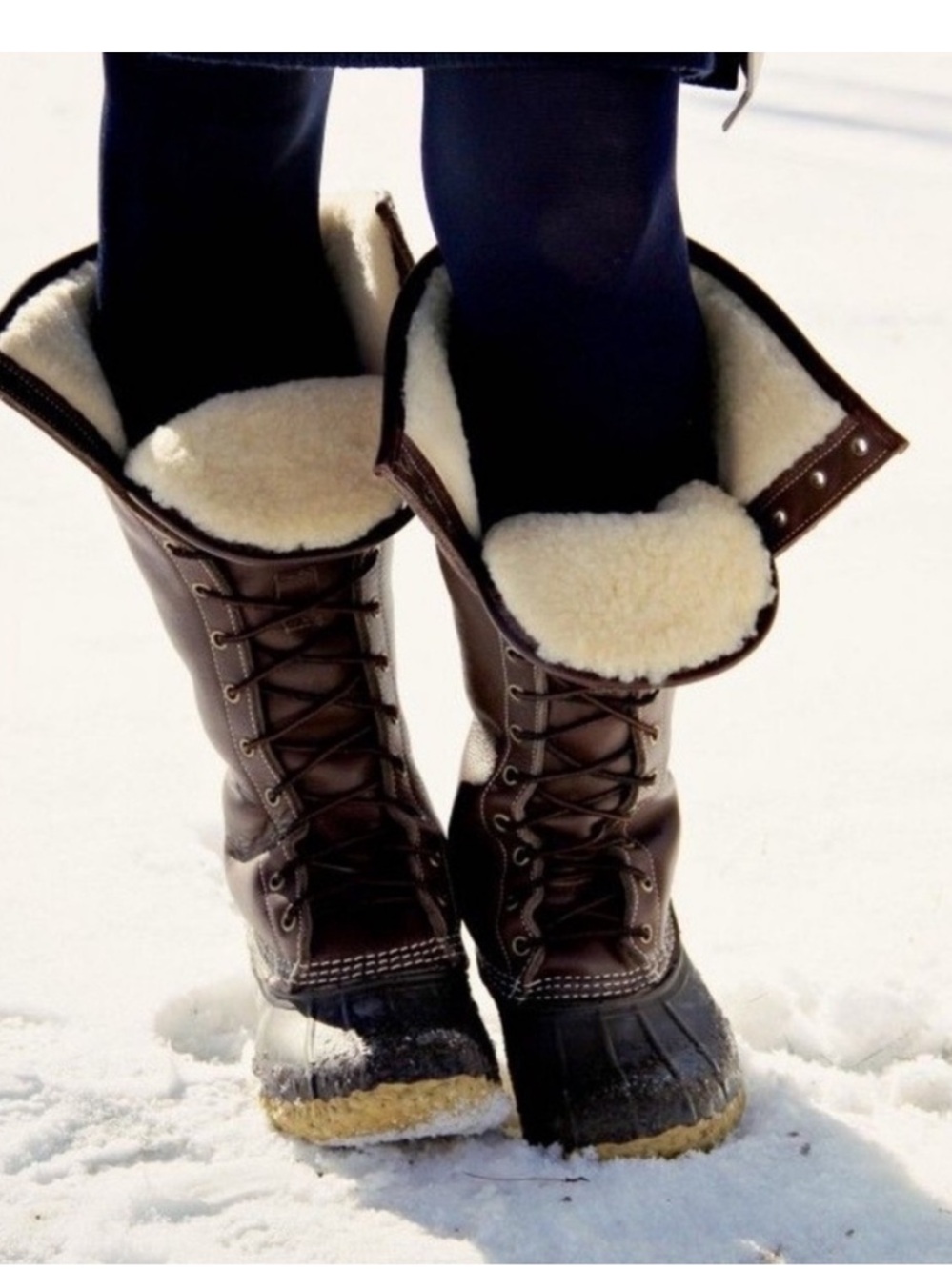 LL Bean Tall Lace Up Shearling snow boots brown black 6